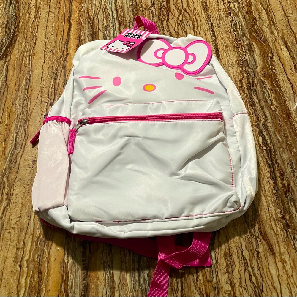 Hello Kitty Backpack Large 16” White Nylon Pink Accent Student Travel Bookbag